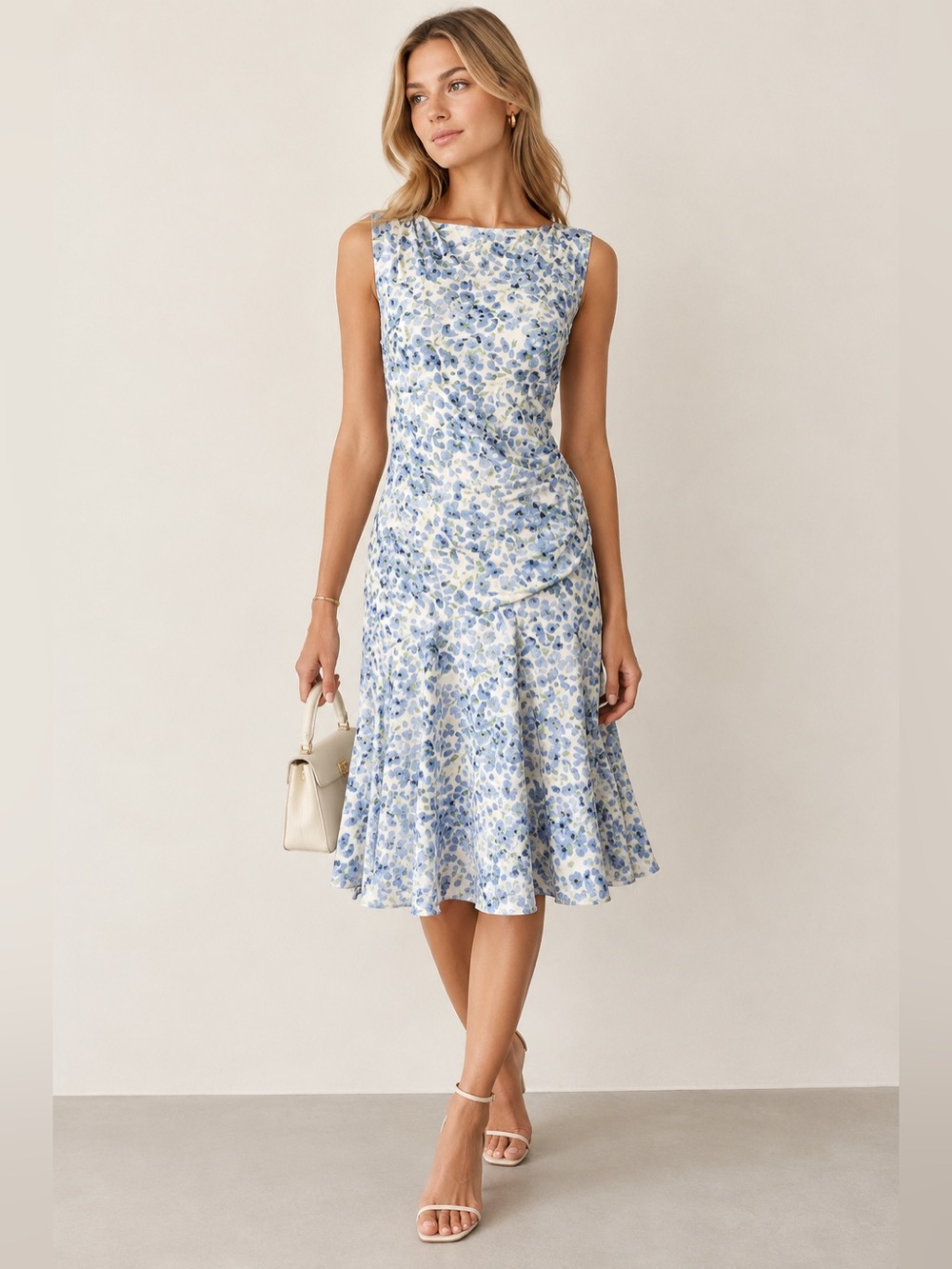 Ralph Lauren Black Label Floral Sleeveless Jersey Dress in Cream Blue Size 12